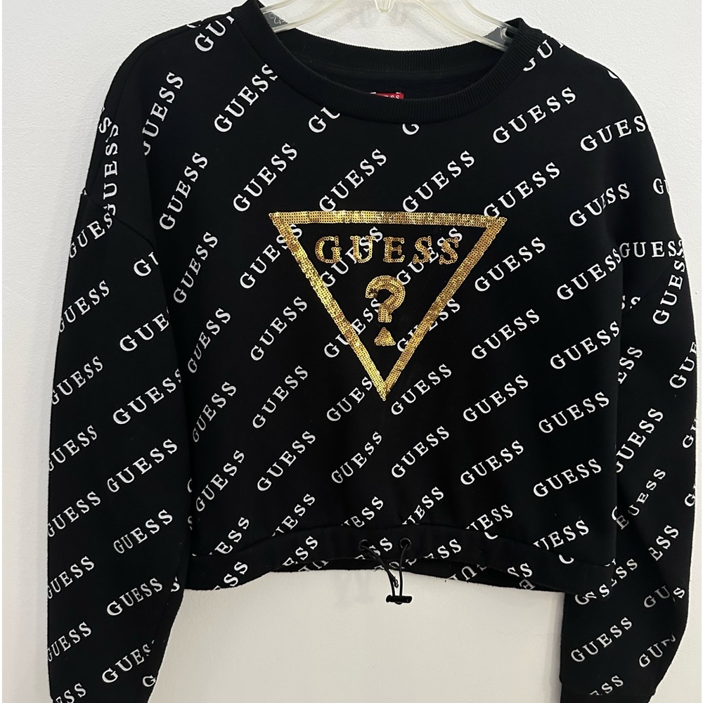 Guess Cropped Sweater with Golden Sequins Emblem and Adjustable Waist Size Med